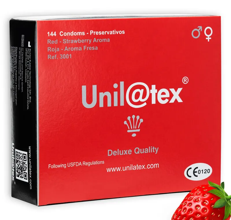 Envase de Unilatex rojo sabor fresa, formato de 144 unidades