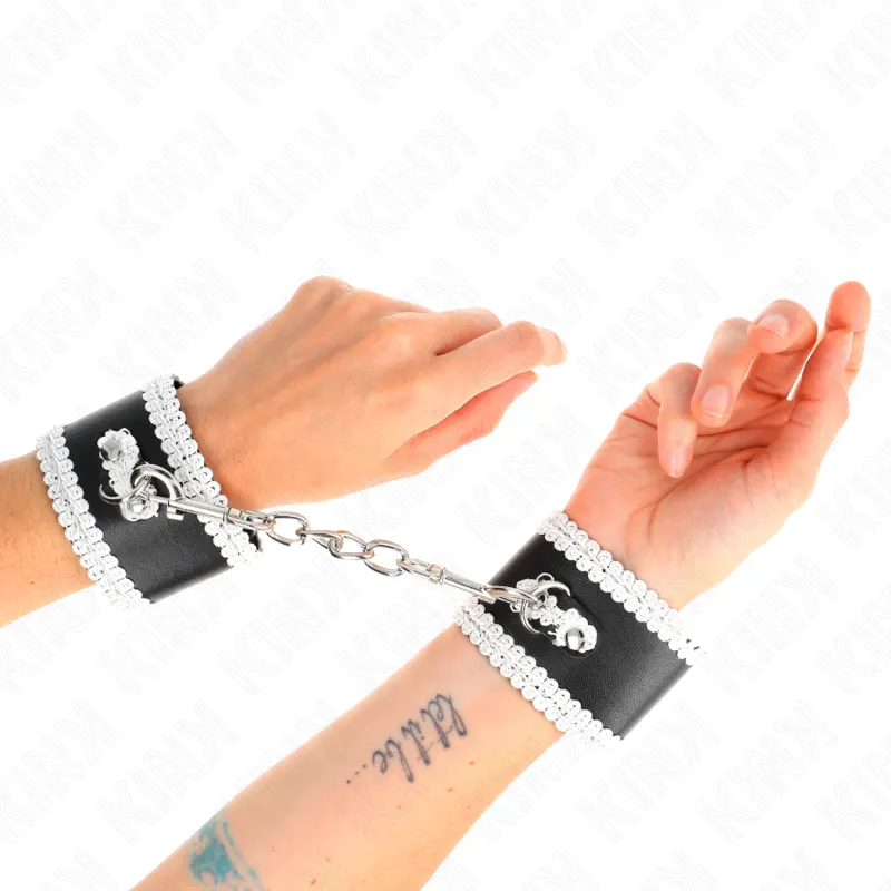 Kink - Negro Wrist Restraints With blanco Decorate Lace Adjsutable 20-23 Cm X 5.5 Cm