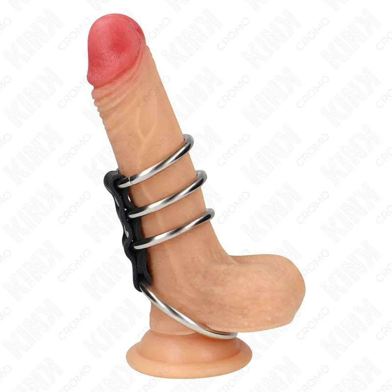 Kink - 4 Metal Penis Rings 3.7 Cm To 5 Cm Connected By Leather