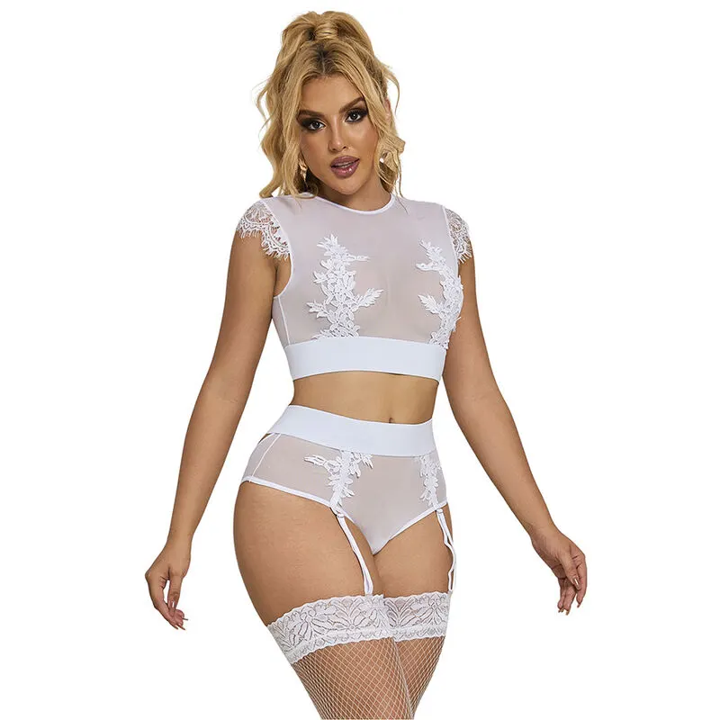 Subblime - 954048 sujetador + braguitas With Garter Belt blanco L/Xl