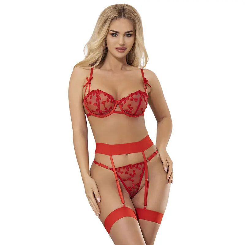 Subblime - 954321 Heart Print sujetador + tanga + Garter Belt rojo S/M