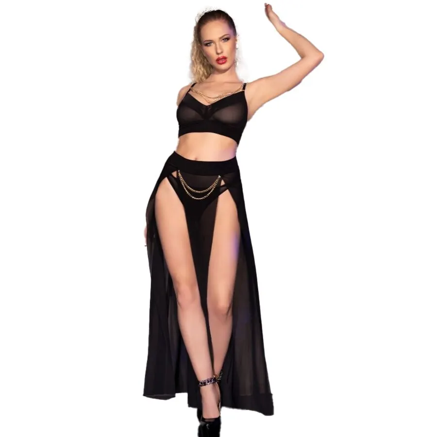 Chilirose - Cr 4672 negro Top Skirt And tanga With dorado Chains L