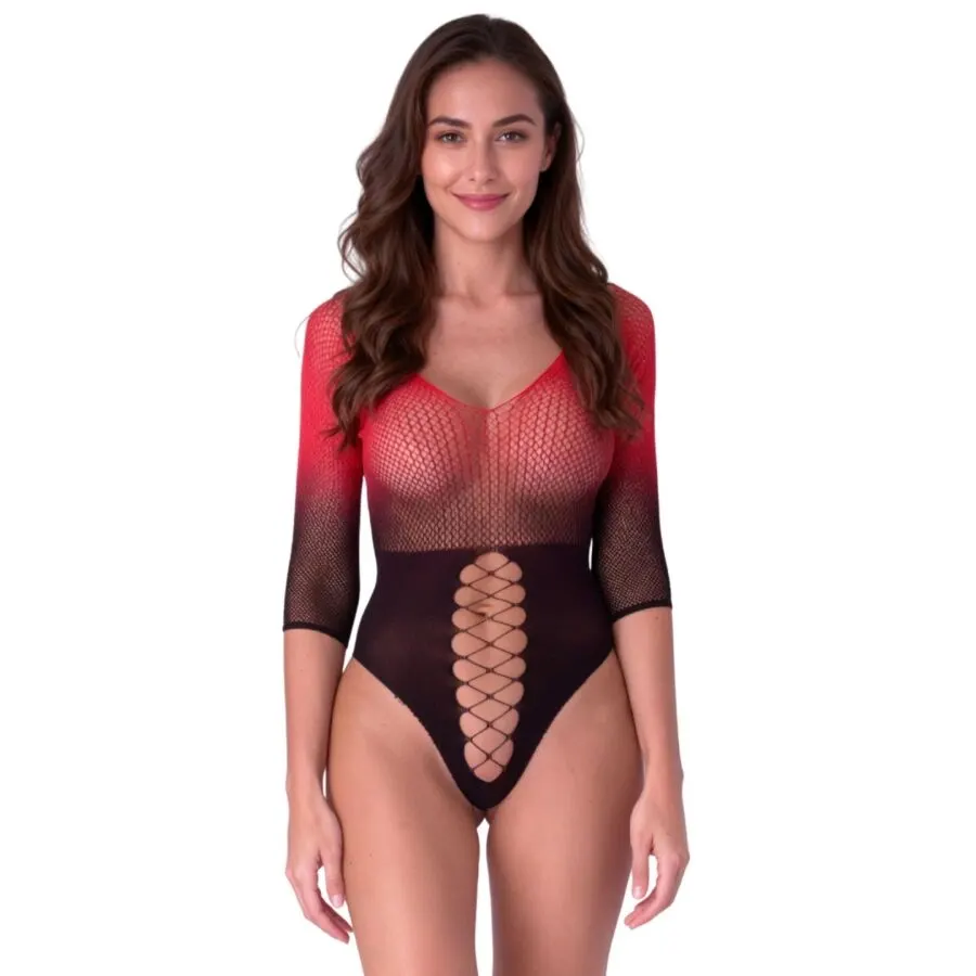 Passion - Bs118 negro And rojo Mesh bodystocking