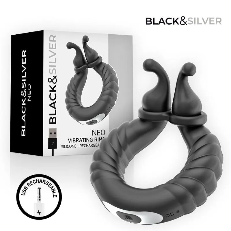 Black &Amp; Silver - Neo recargable Couples' vibrador anillo negro