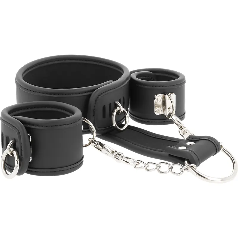Fetish Submissive - Vegan Leather Necklace And esposas With Noprene Lining